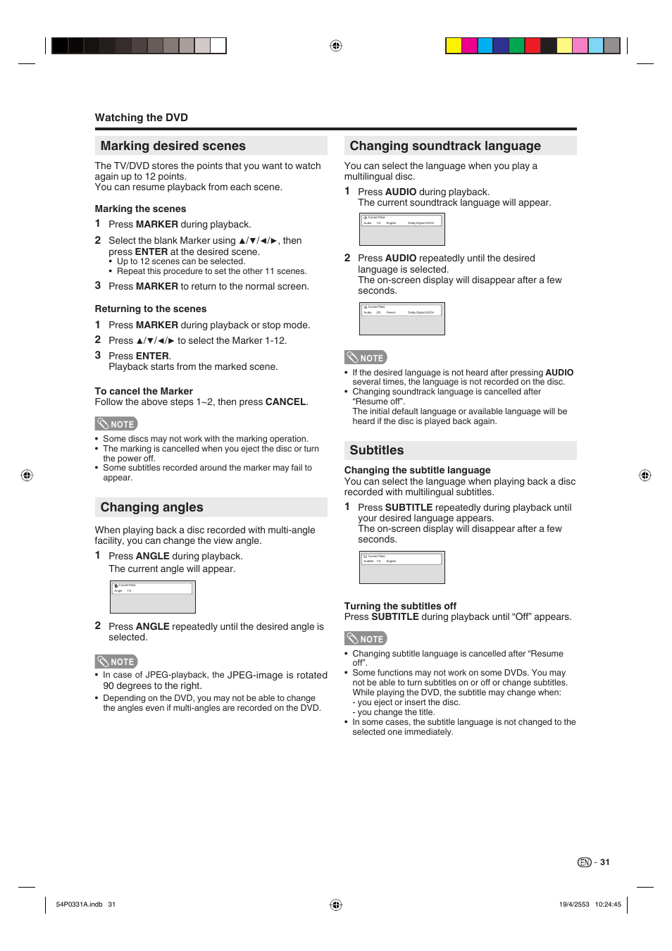 Marking desired scenes, Changing angles, Changing soundtrack language | Subtitles | Sharp AQUOS LC-32DV28UT User Manual | Page 33 / 43