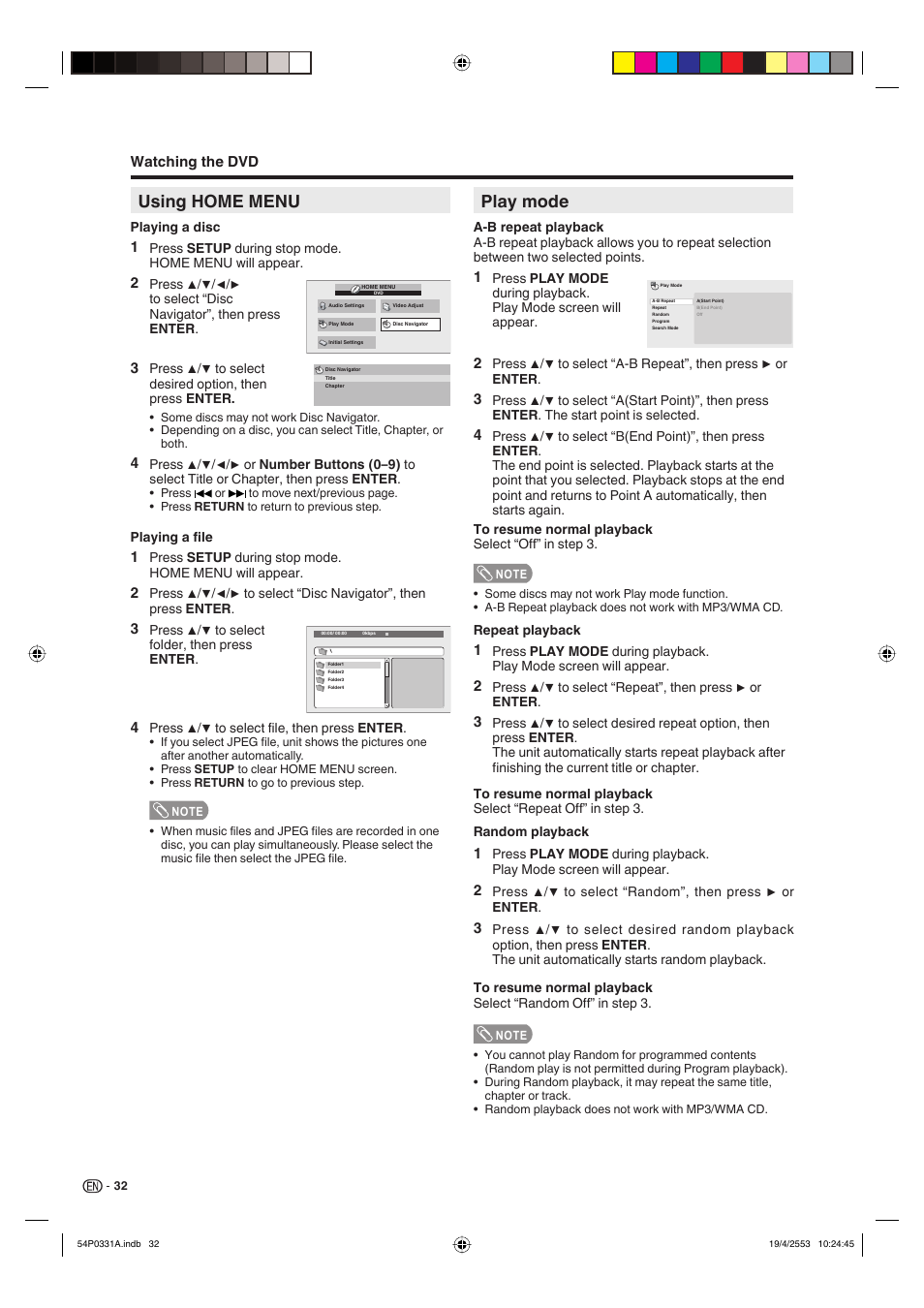 Using home menu, Play mode | Sharp AQUOS LC-32DV28UT User Manual | Page 34 / 43