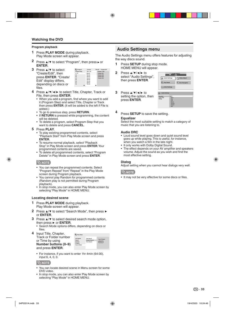 Audio settings menu, Watching the dvd | Sharp AQUOS LC-32DV28UT User Manual | Page 35 / 43