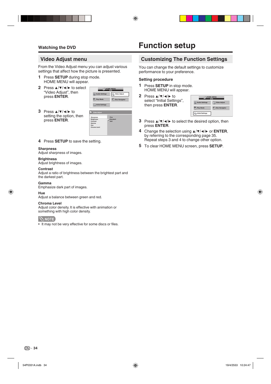 Function setup, Video adjust menu, Customizing the function settings | Watching the dvd | Sharp AQUOS LC-32DV28UT User Manual | Page 36 / 43