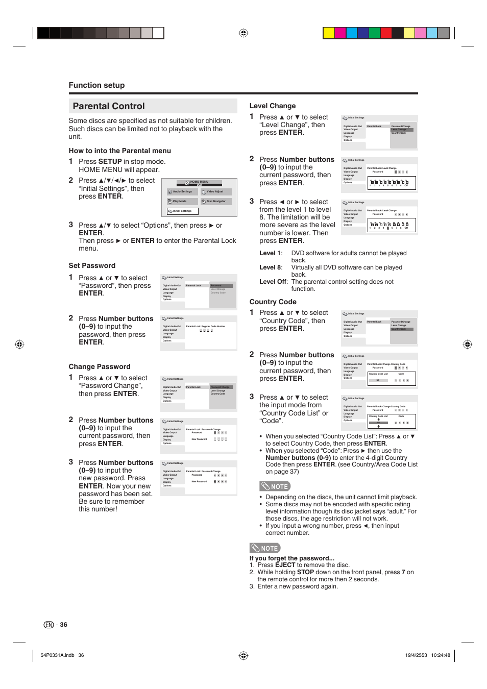 Parental control, Function setup, Press setup in stop mode. home menu will appear | Change password, Level change, Country code | Sharp AQUOS LC-32DV28UT User Manual | Page 38 / 43