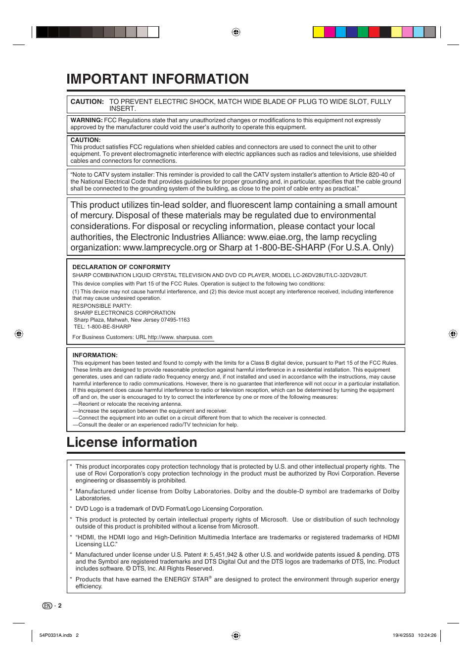 Important information, License information | Sharp AQUOS LC-32DV28UT User Manual | Page 4 / 43