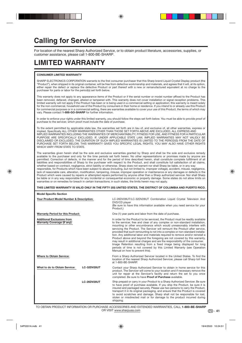 Calling for service limited warranty | Sharp AQUOS LC-32DV28UT User Manual | Page 43 / 43