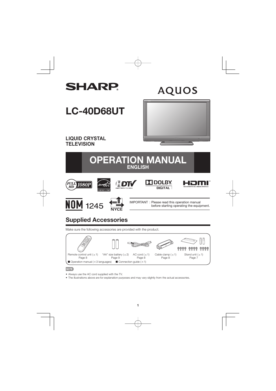 Sharp AQUOS LC-40D68UT User Manual | 31 pages
