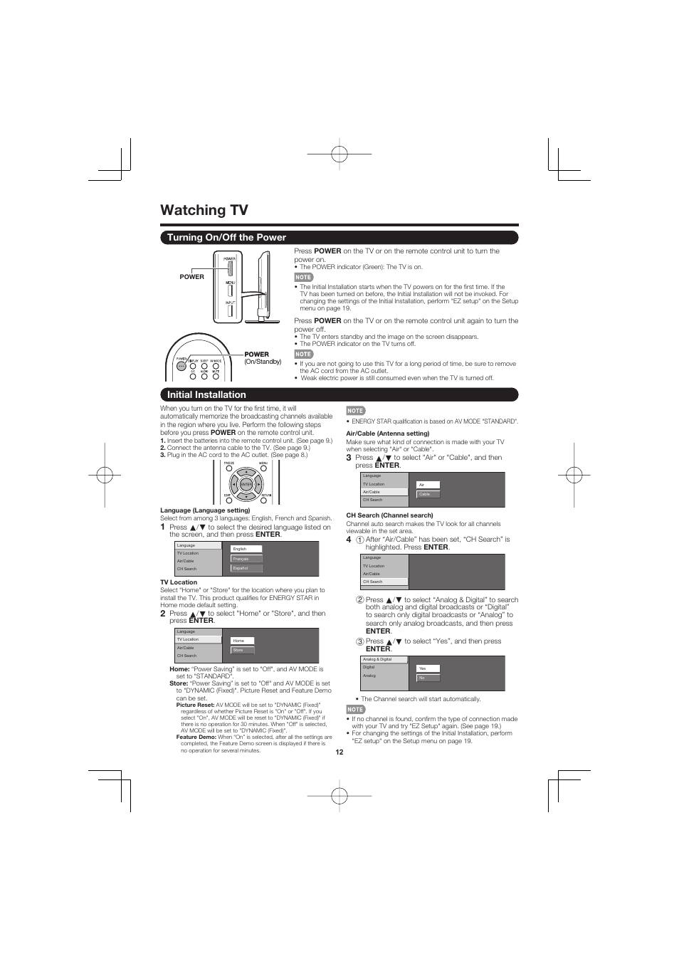 Watching tv, Turning on/off the power, Initial installation | Sharp AQUOS LC-40D68UT User Manual | Page 12 / 31