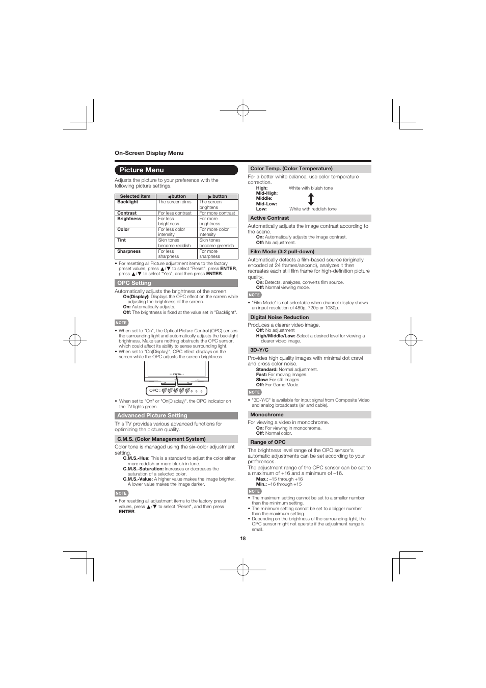 Picture menu, Opc setting, Advanced picture setting | Sharp AQUOS LC-40D68UT User Manual | Page 18 / 31