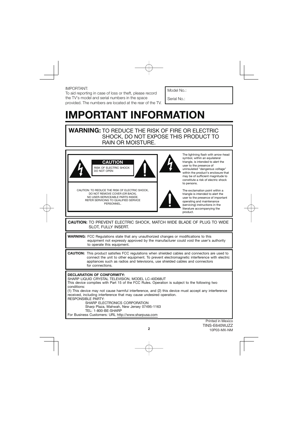 Important information, Warning | Sharp AQUOS LC-40D68UT User Manual | Page 2 / 31