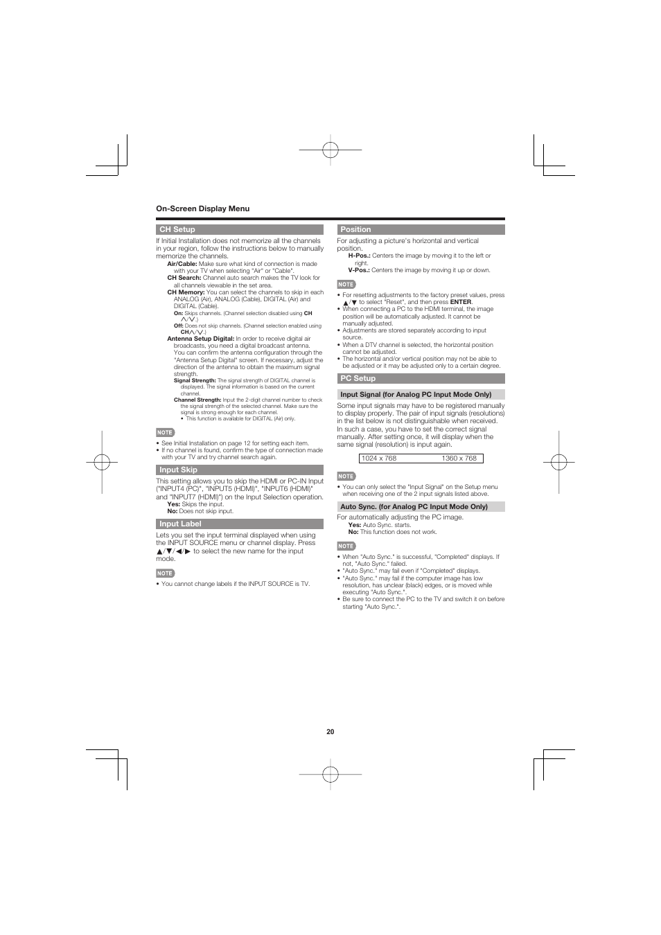 Ch setup, Input skip, Input label | Position, Pc setup | Sharp AQUOS LC-40D68UT User Manual | Page 20 / 31