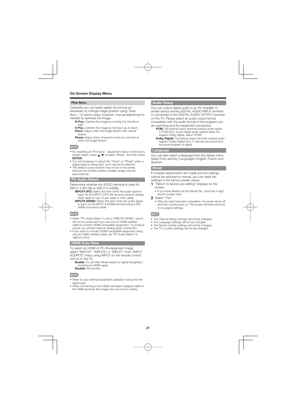 Pc audio select, Hdmi auto view, Audio setup | Language, Reset | Sharp AQUOS LC-40D68UT User Manual | Page 21 / 31