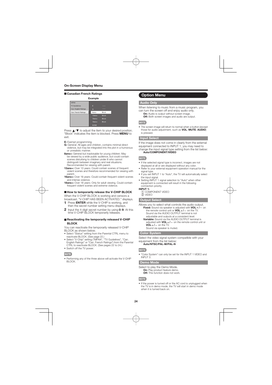 Option menu, Audio only, Input select | Output select, Color system, Demo mode | Sharp AQUOS LC-40D68UT User Manual | Page 24 / 31