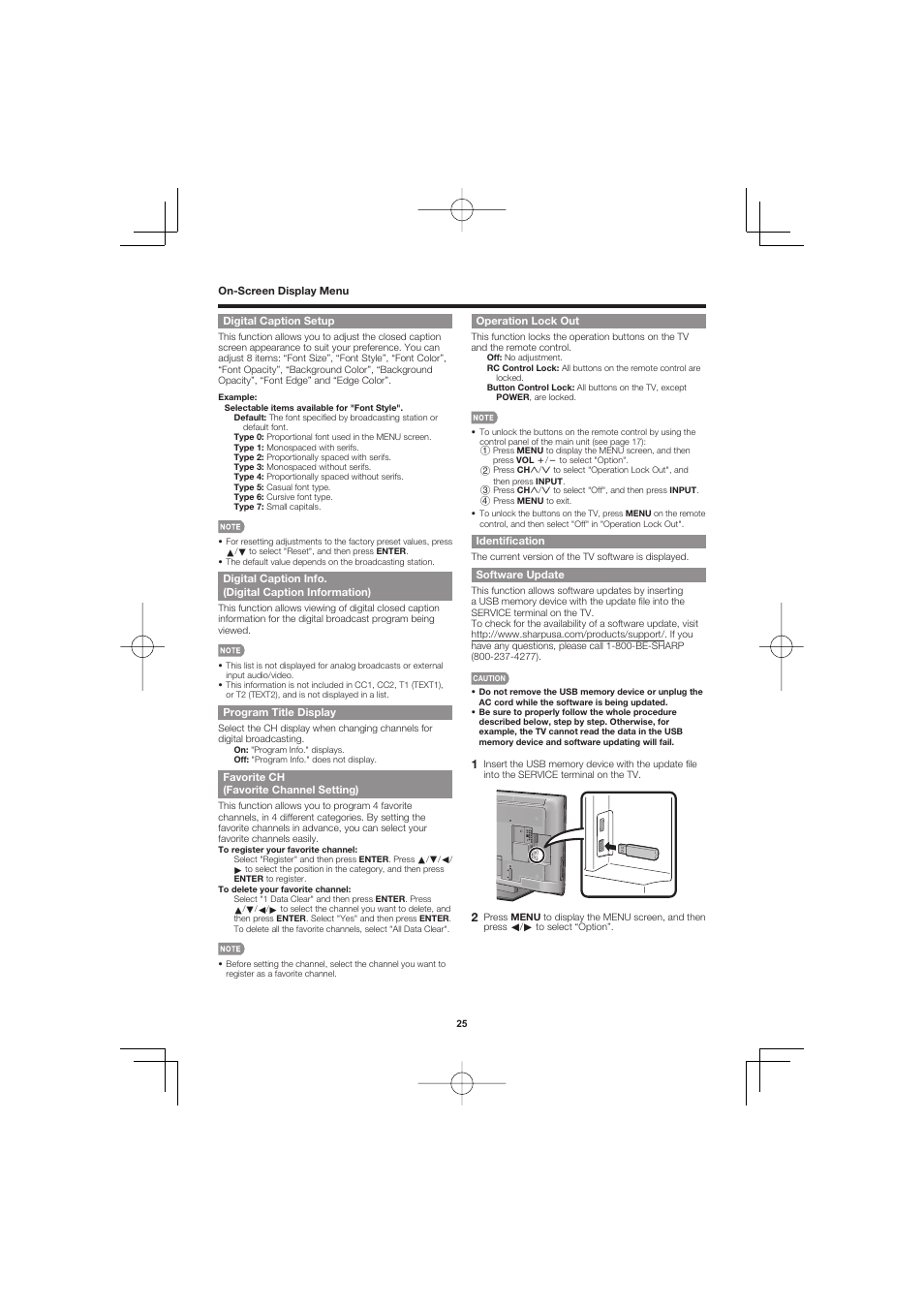 Digital caption setup, Program title display, Favorite ch (favorite channel setting) | Operation lock out, Identification, Software update | Sharp AQUOS LC-40D68UT User Manual | Page 25 / 31