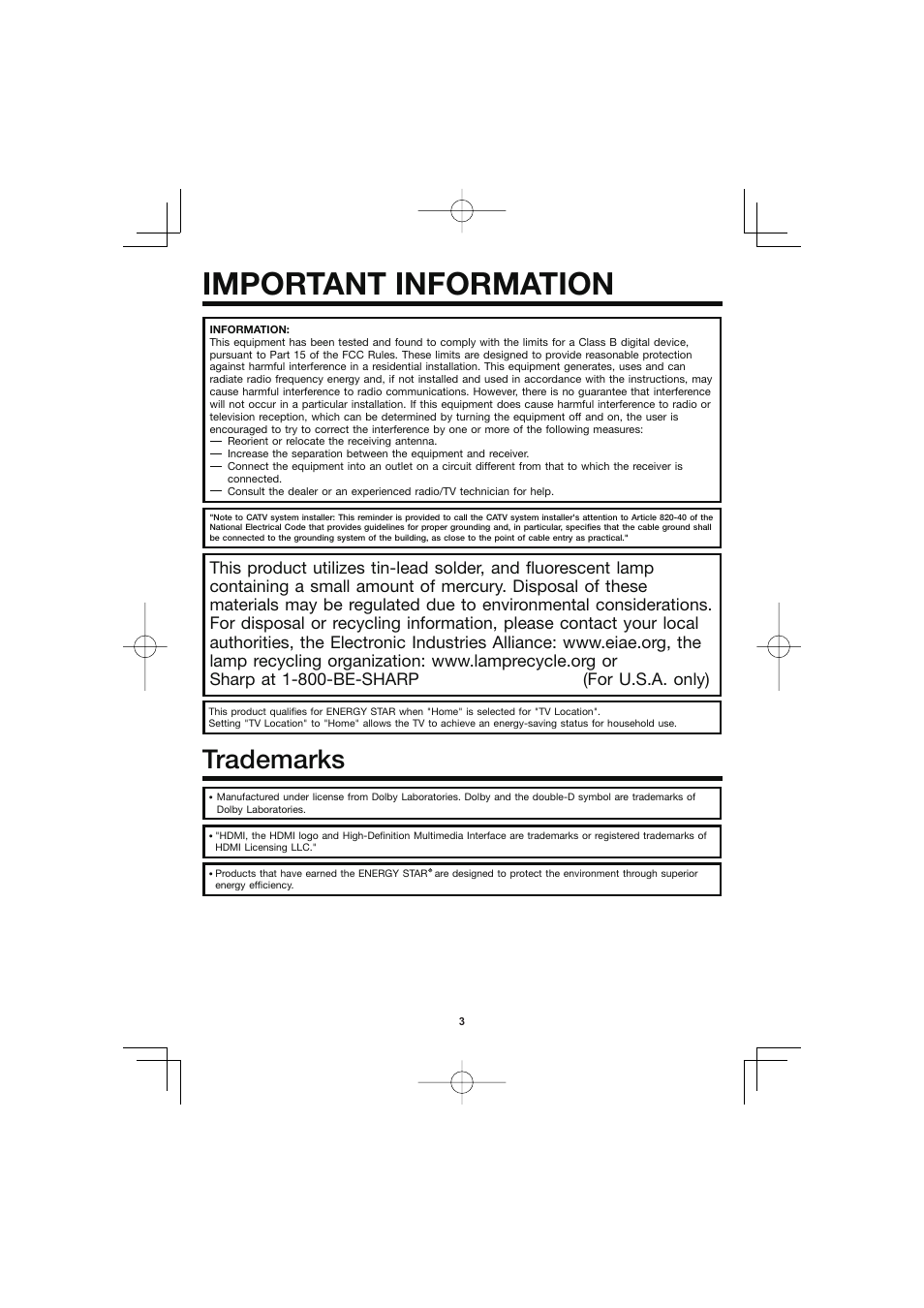 Trademarks, Important information | Sharp AQUOS LC-40D68UT User Manual | Page 3 / 31