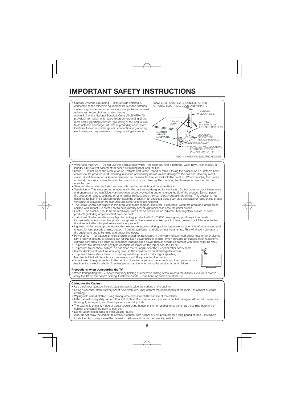 Important safety instructions | Sharp AQUOS LC-40D68UT User Manual | Page 5 / 31