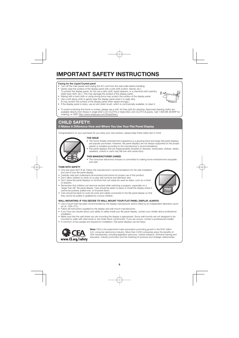 Important safety instructions, Child safety | Sharp AQUOS LC-40D68UT User Manual | Page 6 / 31