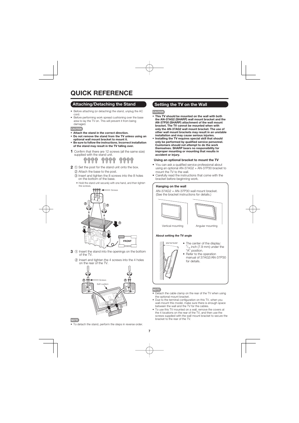 Quick reference, Attaching/detaching the stand, Setting the tv on the wall | Sharp AQUOS LC-40D68UT User Manual | Page 7 / 31