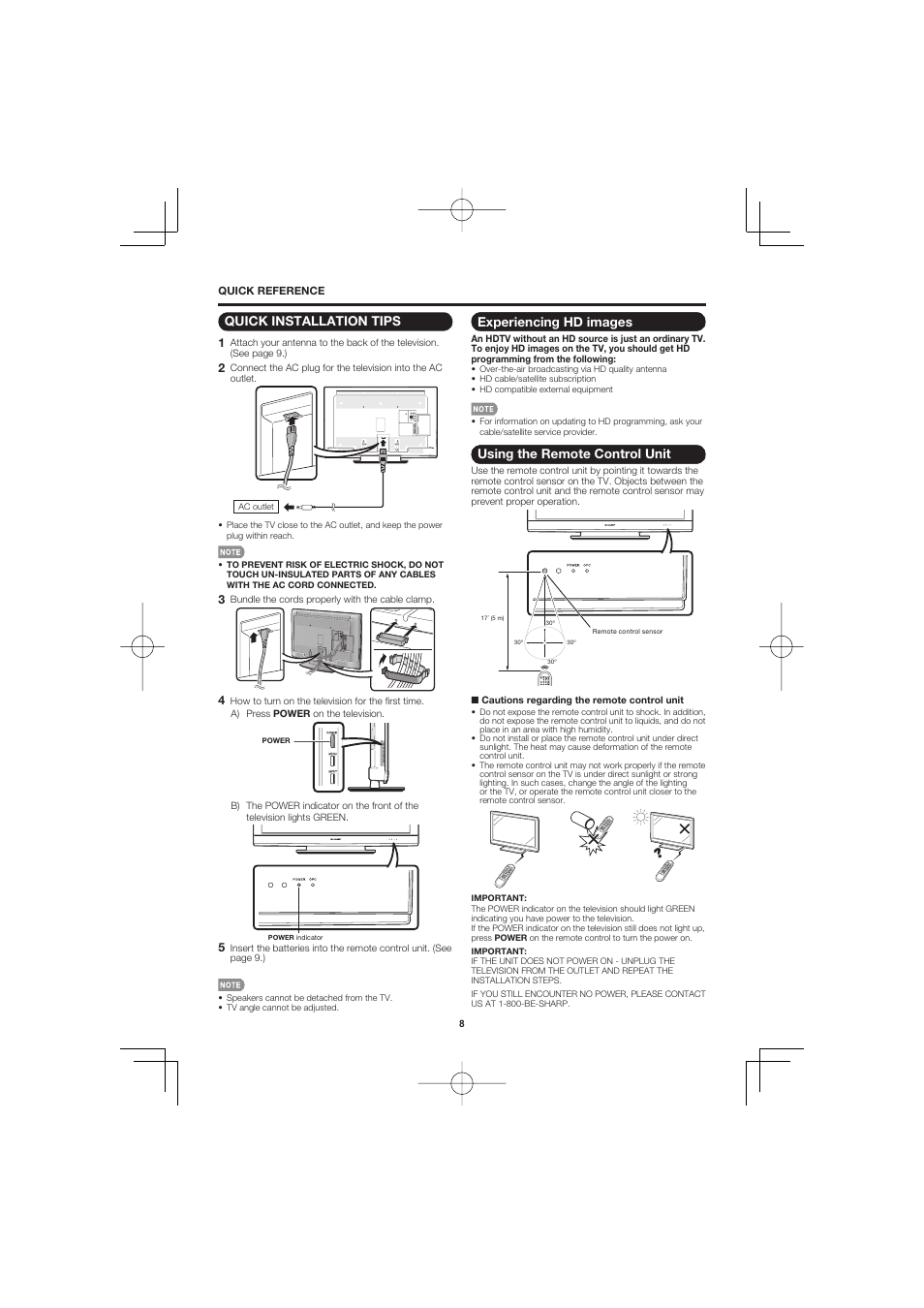 Quick installation tips, Experiencing hd images, Using the remote control unit | Sharp AQUOS LC-40D68UT User Manual | Page 8 / 31