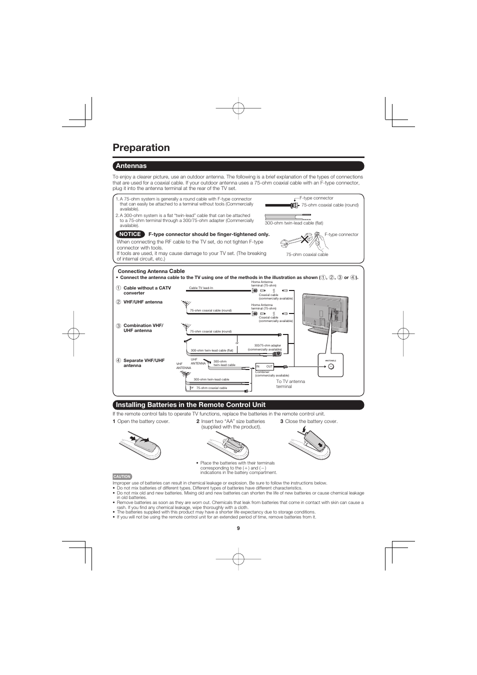 Preparation, Antennas, Installing batteries in the remote control unit | Sharp AQUOS LC-40D68UT User Manual | Page 9 / 31