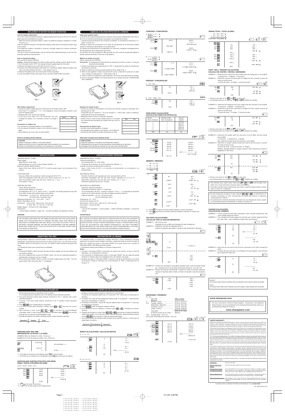 Sharp EL-1801V User Manual | Page 2 / 2