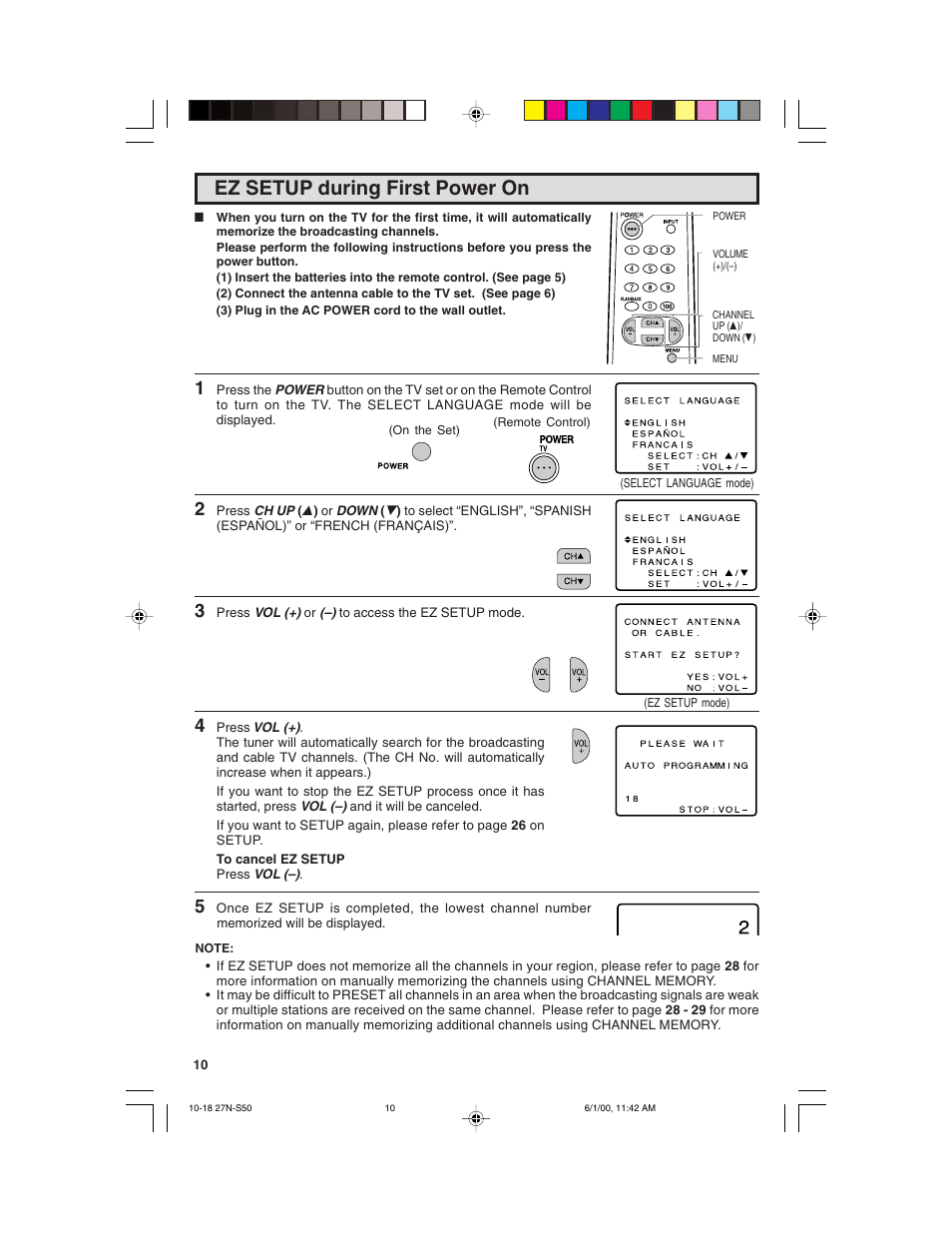 Ez setup during first power on | Sharp 27N S50 User Manual | Page 10 / 36