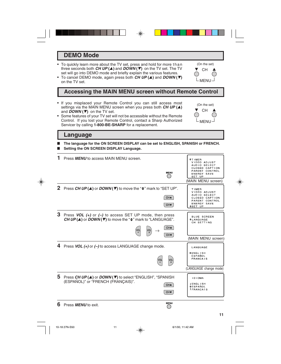 Language, Demo mode | Sharp 27N S50 User Manual | Page 11 / 36