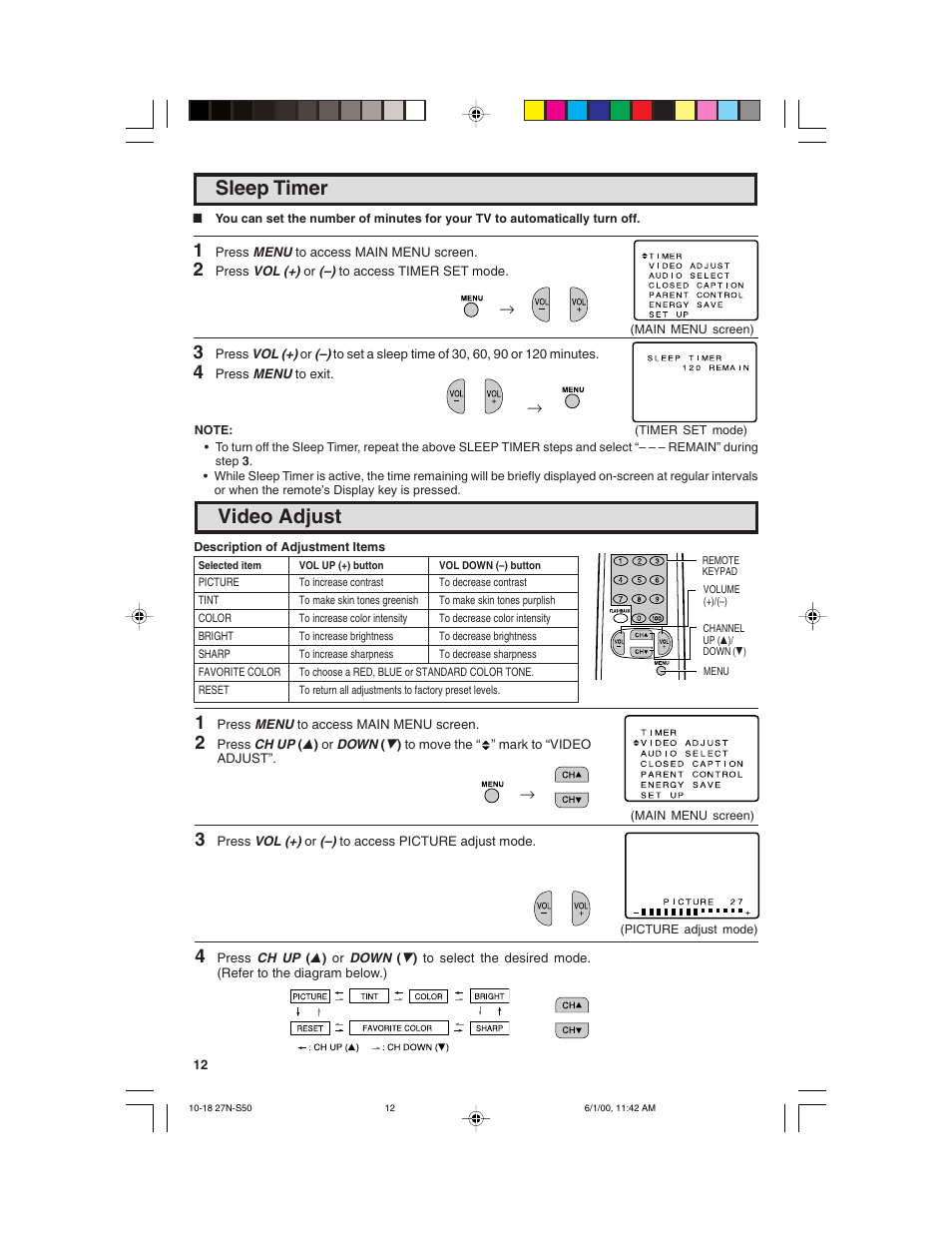 Video adjust, Sleep timer | Sharp 27N S50 User Manual | Page 12 / 36