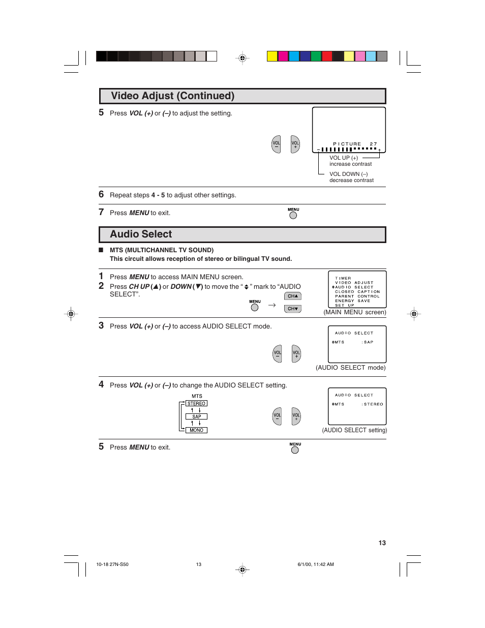 Audio select, Video adjust (continued) | Sharp 27N S50 User Manual | Page 13 / 36