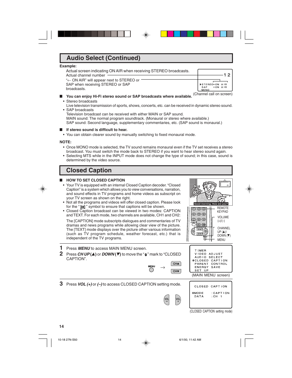 Closed caption, Audio select (continued) | Sharp 27N S50 User Manual | Page 14 / 36