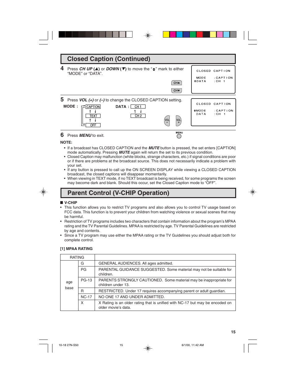 Closed caption (continued), Parent control (v-chip operation) | Sharp 27N S50 User Manual | Page 15 / 36