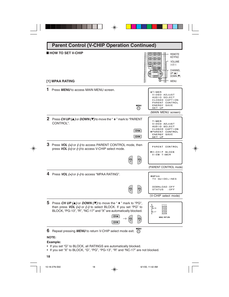 Parent control (v-chip operation continued) | Sharp 27N S50 User Manual | Page 18 / 36