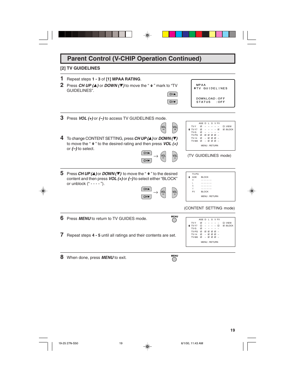 Parent control (v-chip operation continued), 2] tv guidelines | Sharp 27N S50 User Manual | Page 19 / 36
