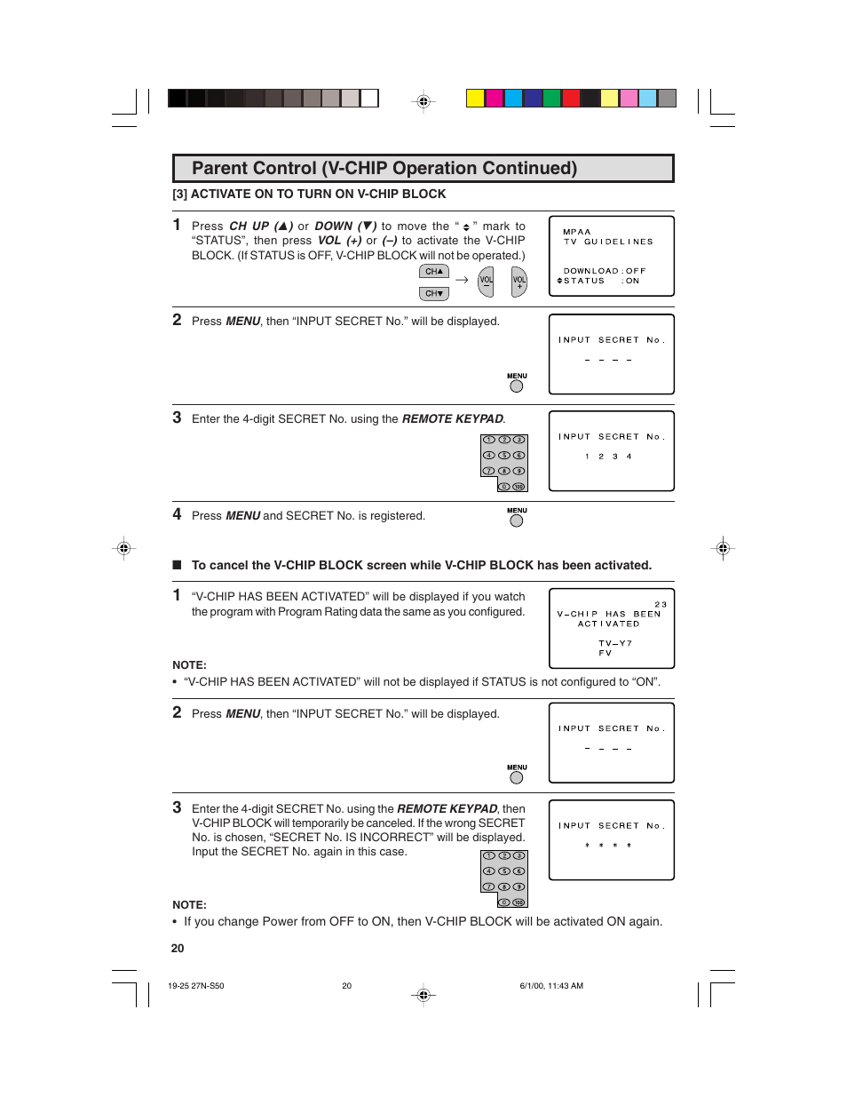 Parent control (v-chip operation continued) | Sharp 27N S50 User Manual | Page 20 / 36