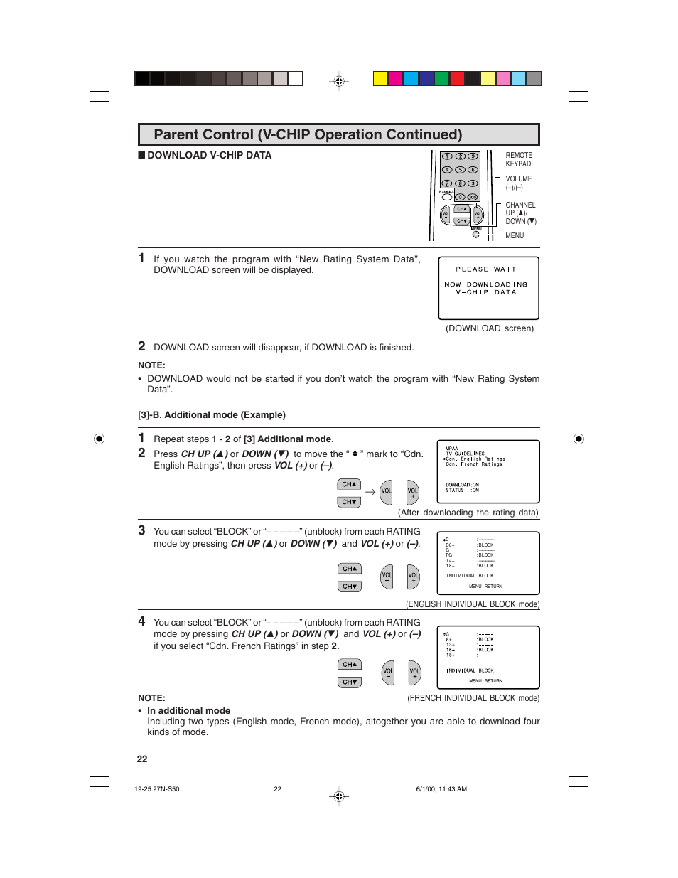 Parent control (v-chip operation continued) | Sharp 27N S50 User Manual | Page 22 / 36