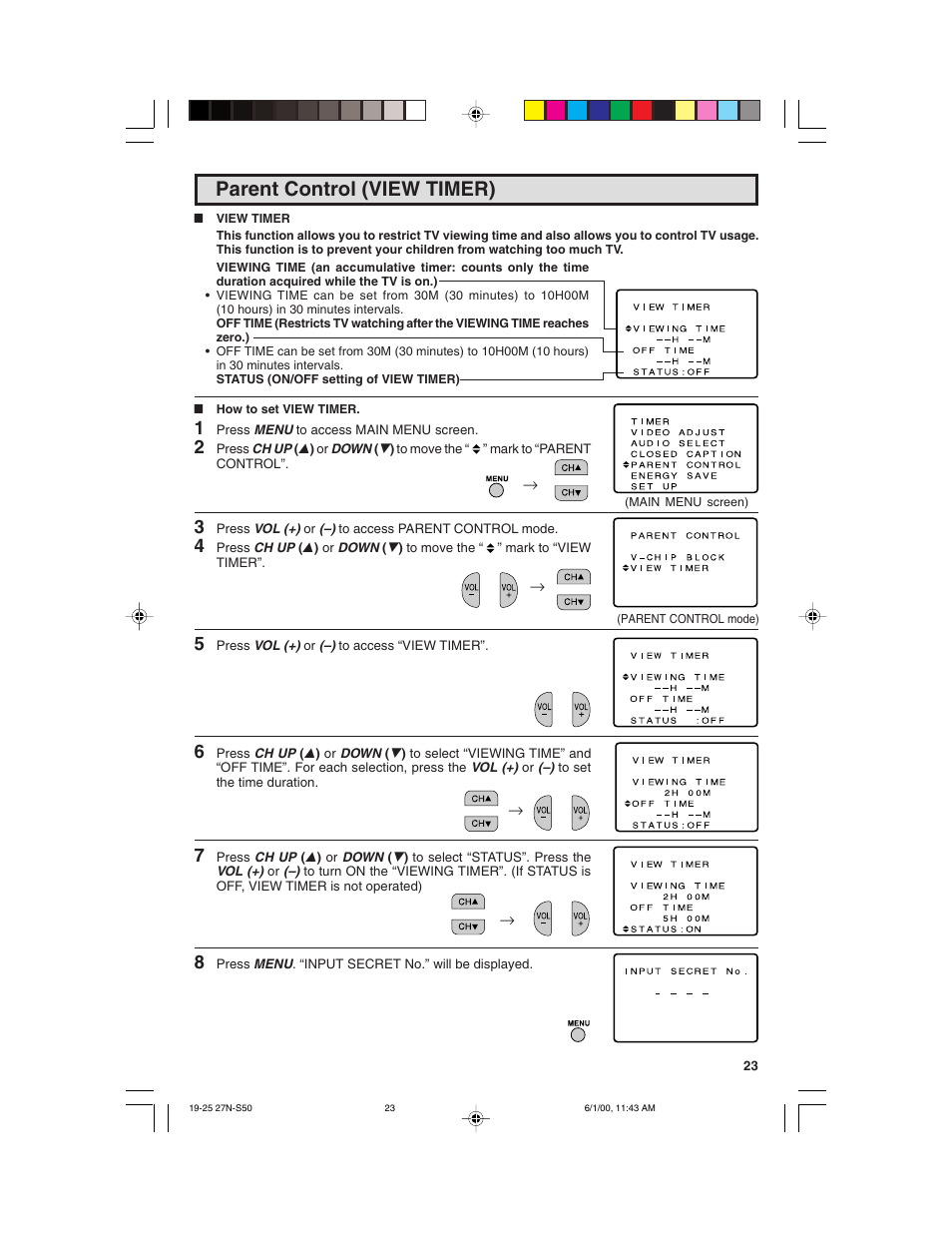 Parent control (view timer) | Sharp 27N S50 User Manual | Page 23 / 36