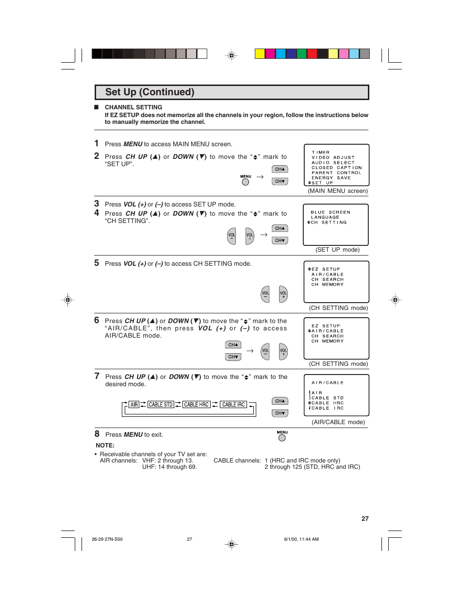 Set up (continued) | Sharp 27N S50 User Manual | Page 27 / 36