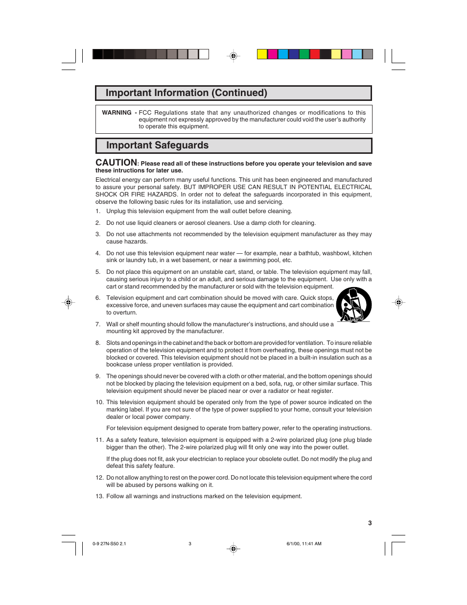 Important safeguards, Important information (continued), Caution | Sharp 27N S50 User Manual | Page 3 / 36