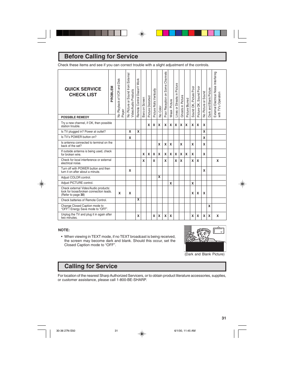 Before calling for service, Calling for service, Quick service check list | Sharp 27N S50 User Manual | Page 31 / 36