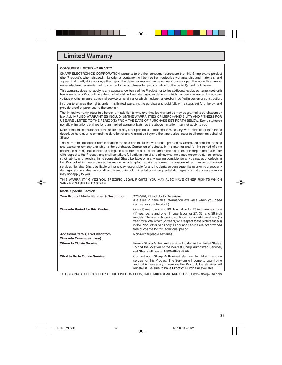 Limited warranty | Sharp 27N S50 User Manual | Page 35 / 36