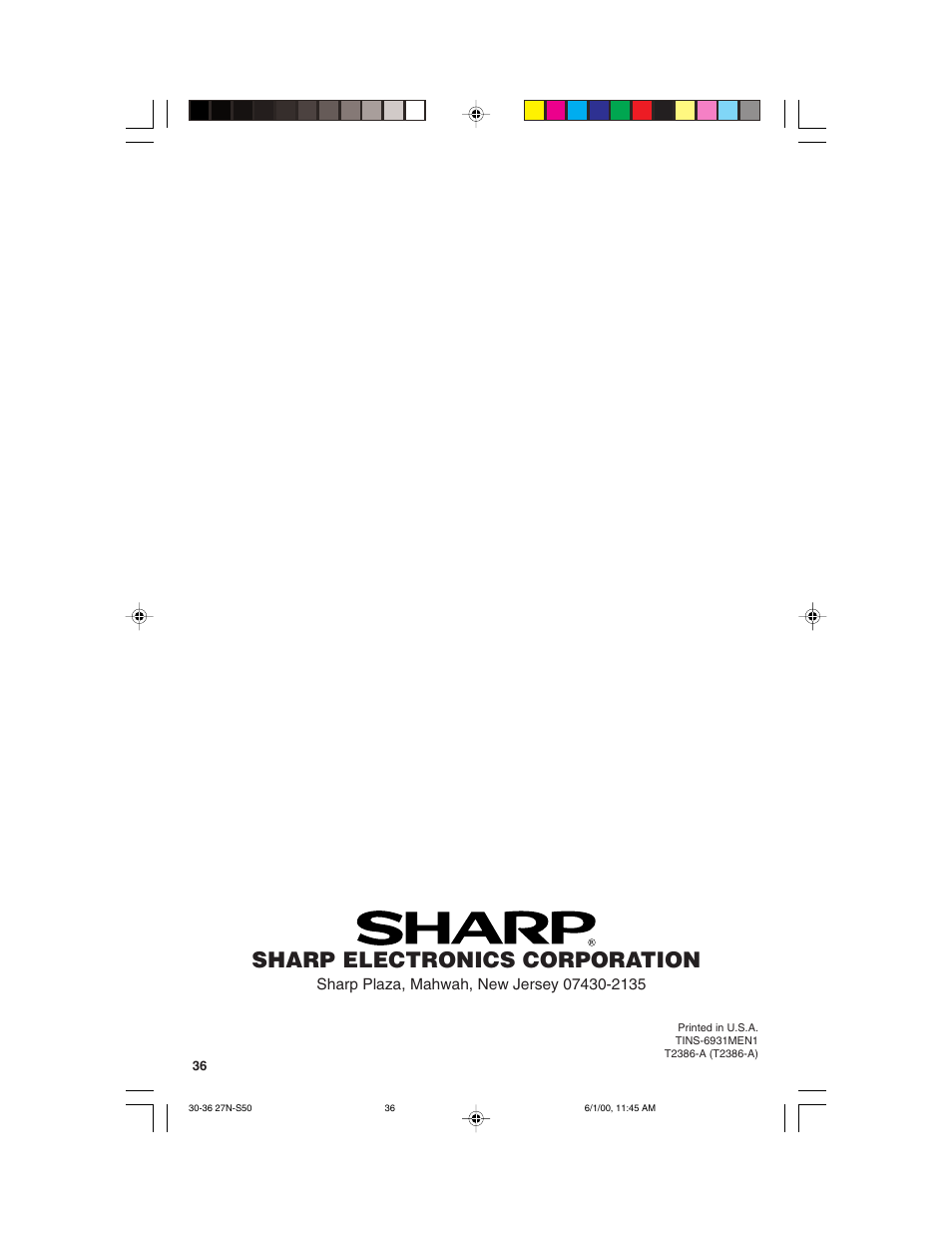 Sharp electronics corporation | Sharp 27N S50 User Manual | Page 36 / 36