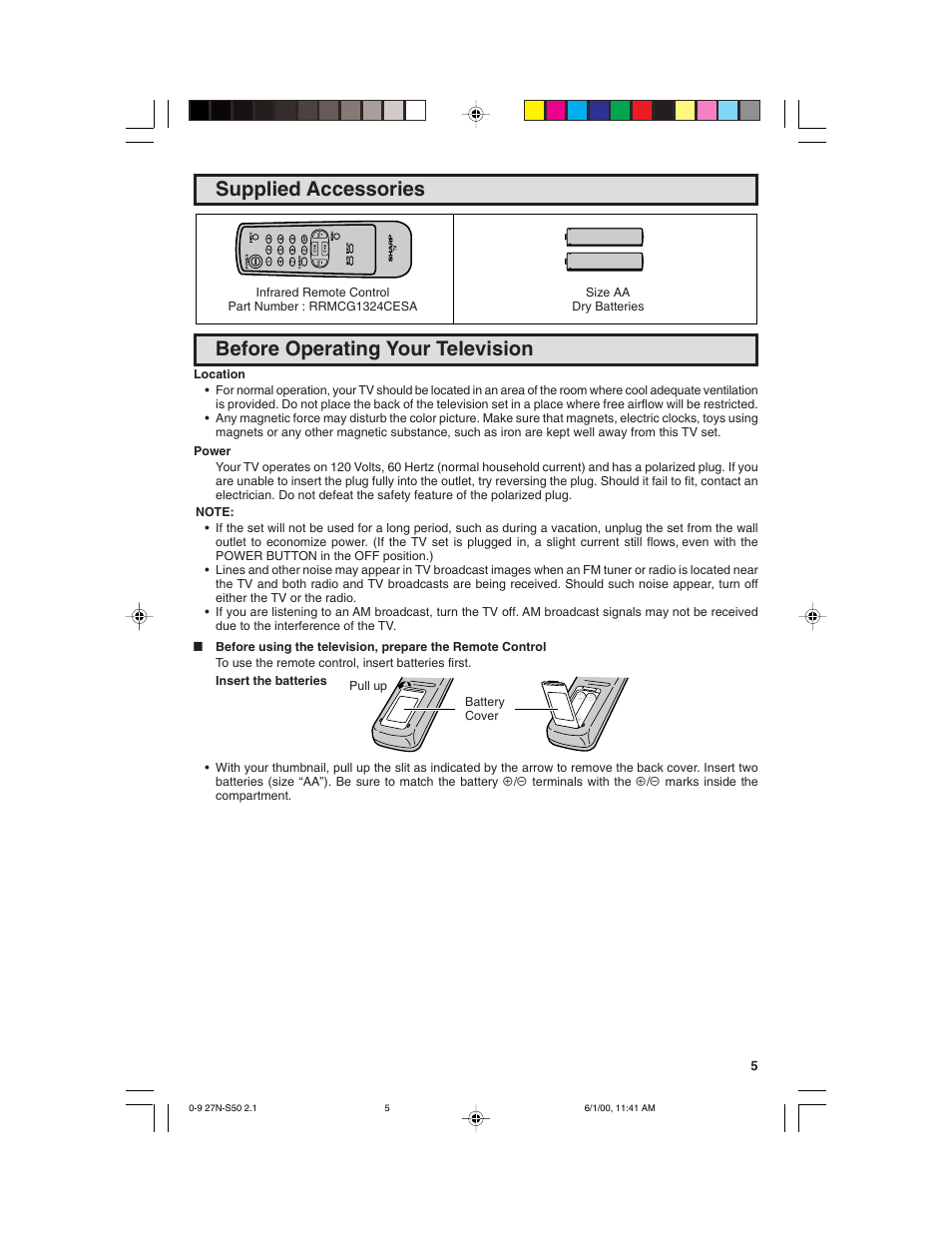 Supplied accessories, Before operating your television | Sharp 27N S50 User Manual | Page 5 / 36