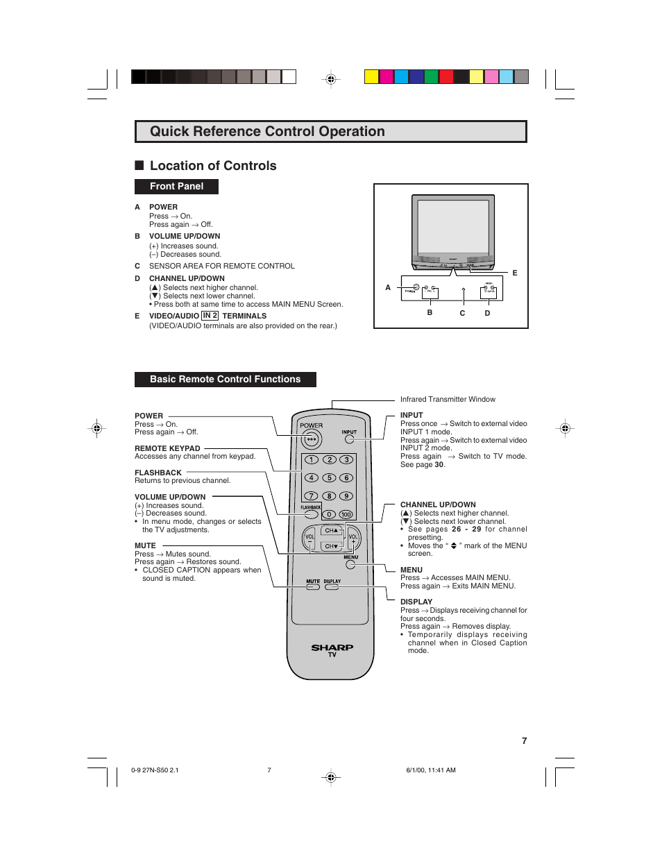 Quick reference control operation, Llocation of controls, Front panel basic remote control functions | Sharp 27N S50 User Manual | Page 7 / 36
