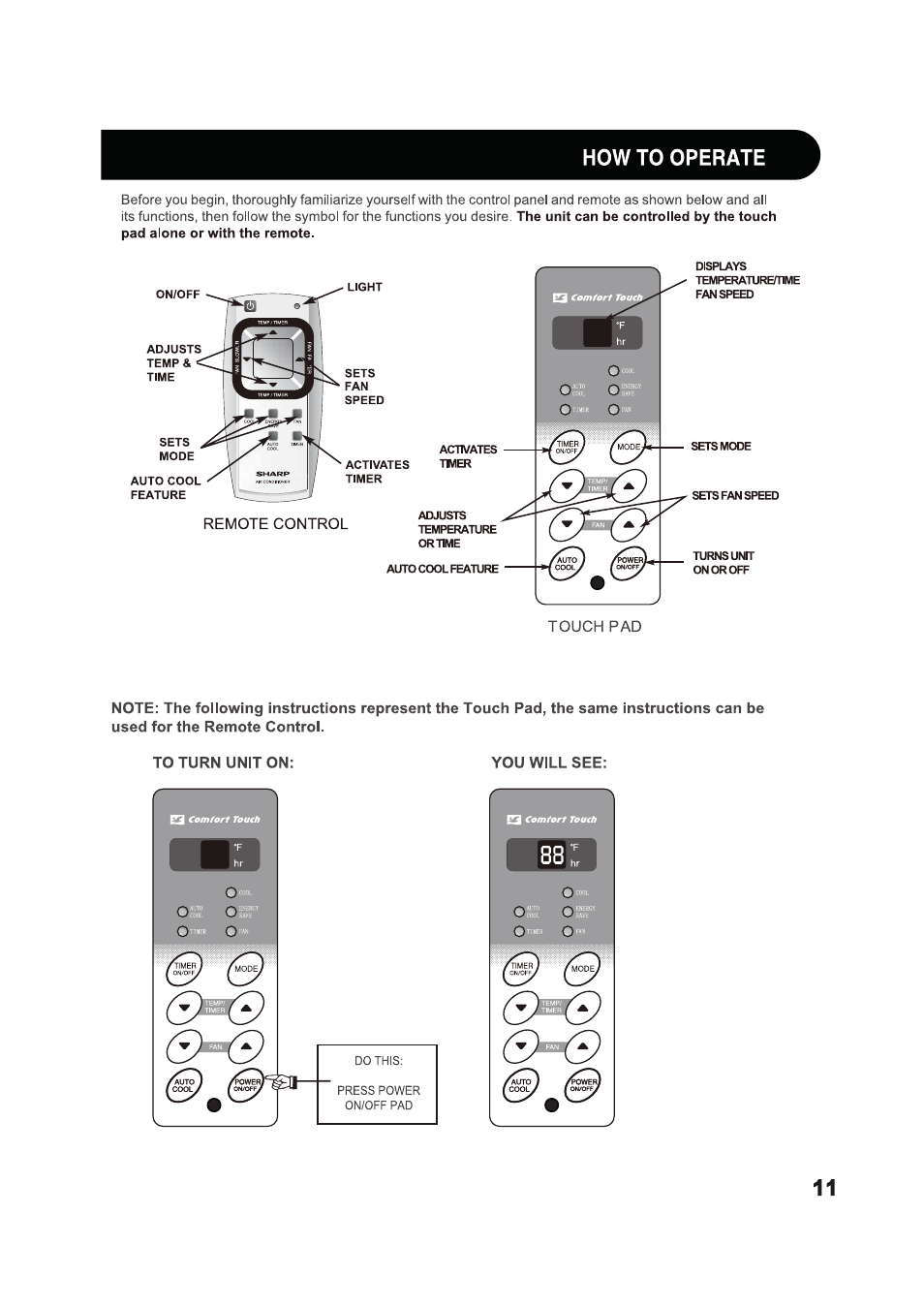 To turn unit on, Toturn uniton, Howto operate | Fcooly | Sharp 2020215A0343 User Manual | Page 11 / 20