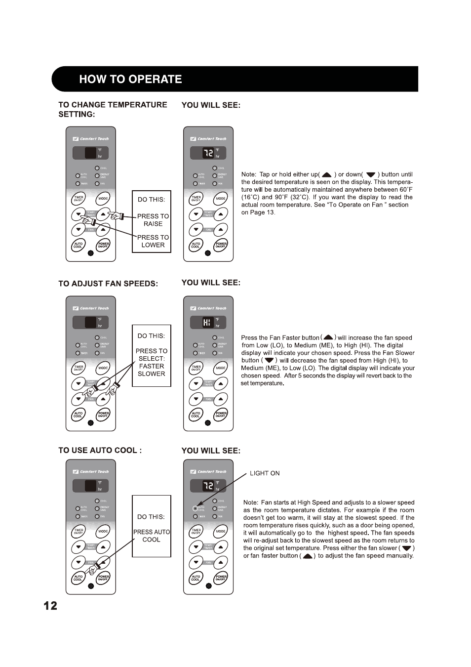 To change temperature setting, To adjust fan speeds, To use auto cool | You will see, Toadjust fan speeds, How to operate | Sharp 2020215A0343 User Manual | Page 12 / 20