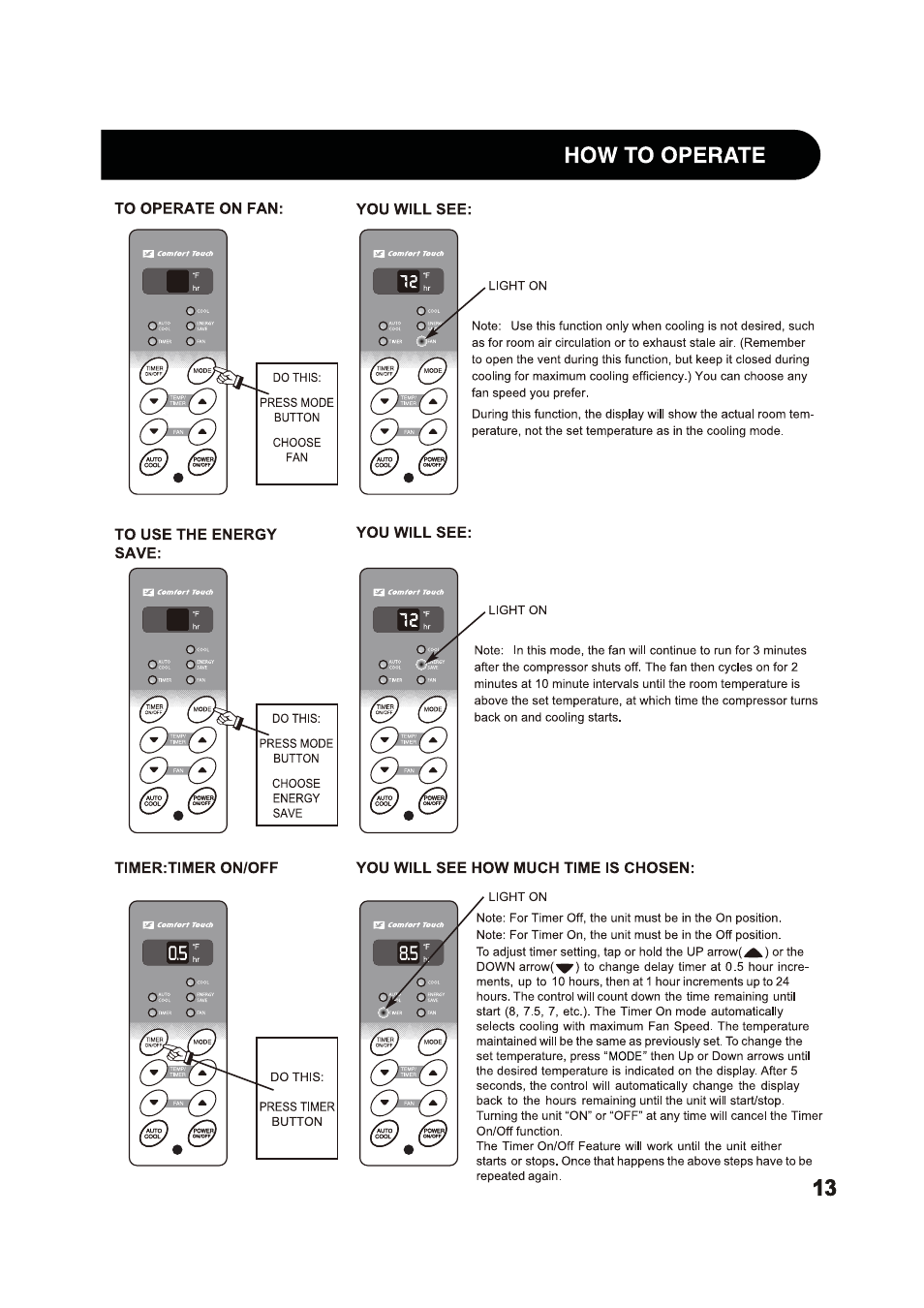 To operate on fan, You will see, To use the energy save | You will see how much time is chosen, How to operate | Sharp 2020215A0343 User Manual | Page 13 / 20