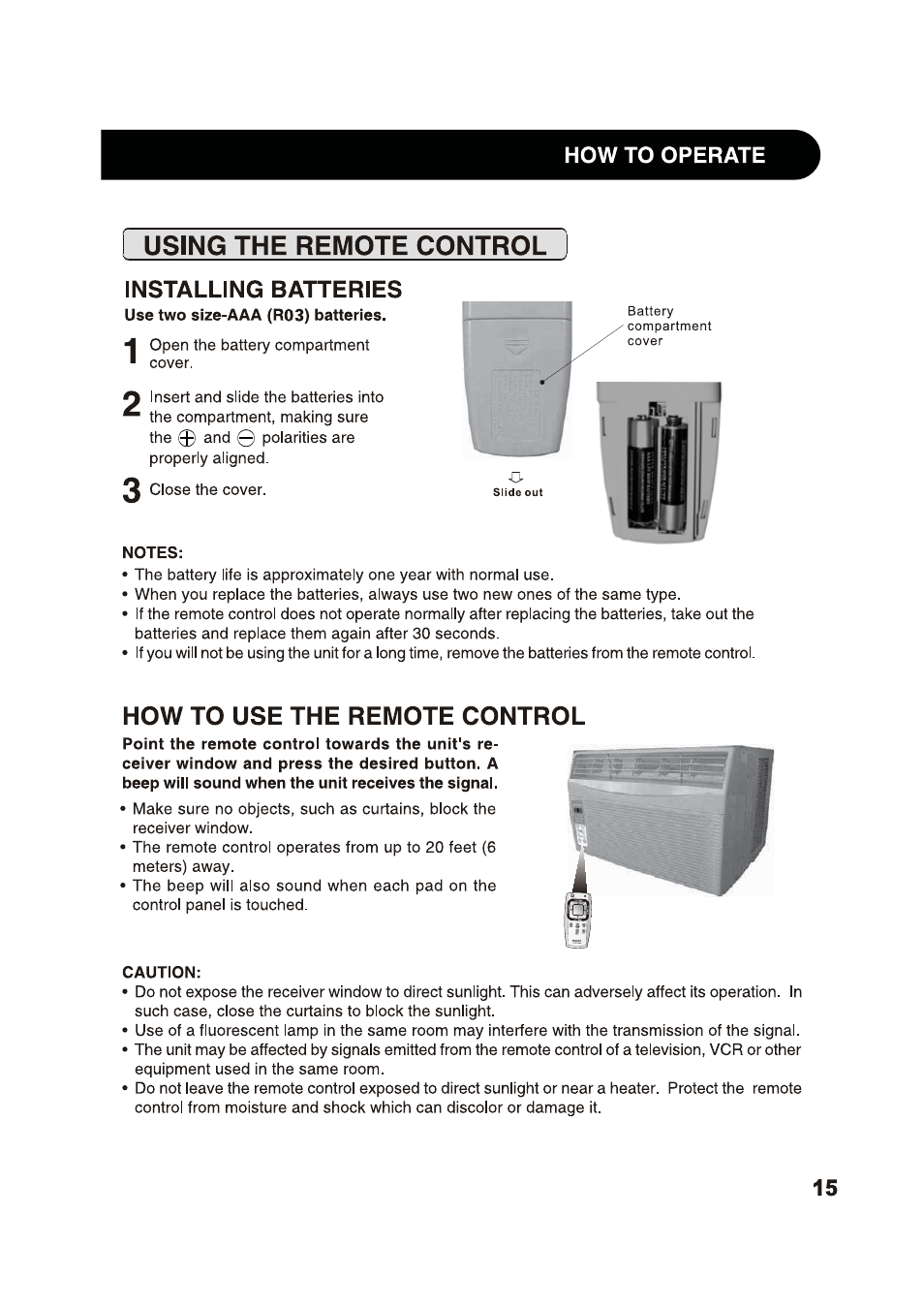 Using the remote control, How to use the remote control, Installing batteries | How to operate | Sharp 2020215A0343 User Manual | Page 15 / 20