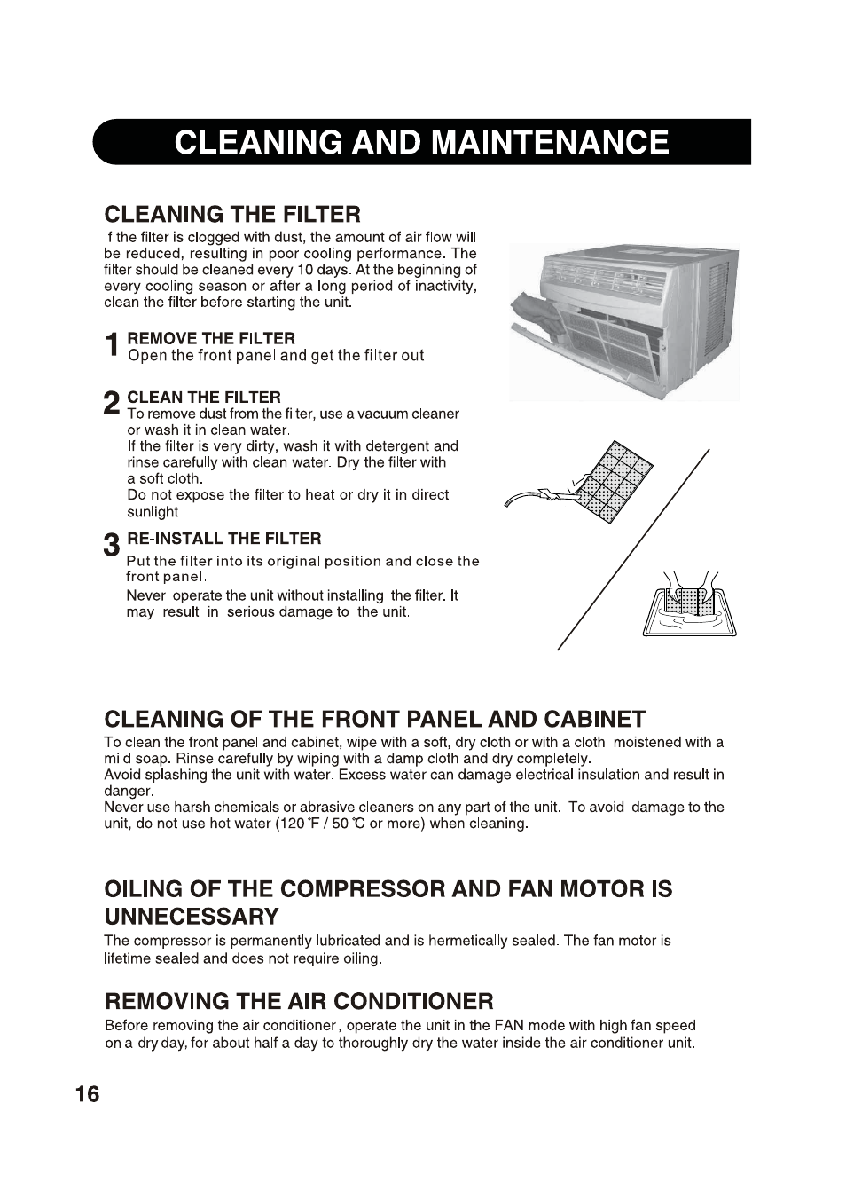 Cleaning and maintenance, 4 remove the filter, Clean the filter | Re-install the filter, Cleaning the filter, Cleaning of the front panel and cabinet, Removing the air conditioner | Sharp 2020215A0343 User Manual | Page 16 / 20