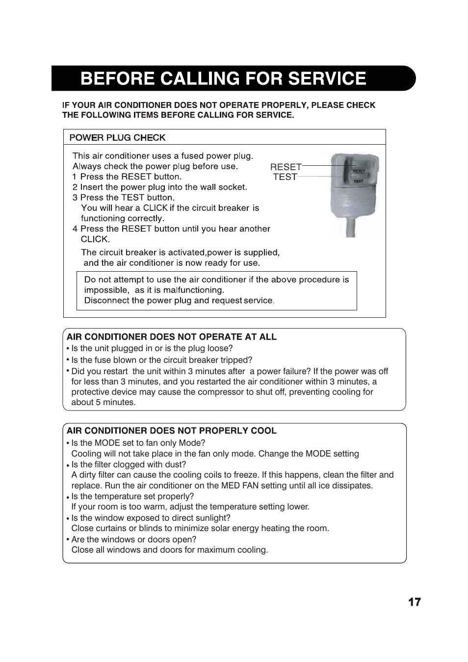 Before calling for service, Air conditioner does not operate at all, Air conditioner does not properly cool | Sharp 2020215A0343 User Manual | Page 17 / 20