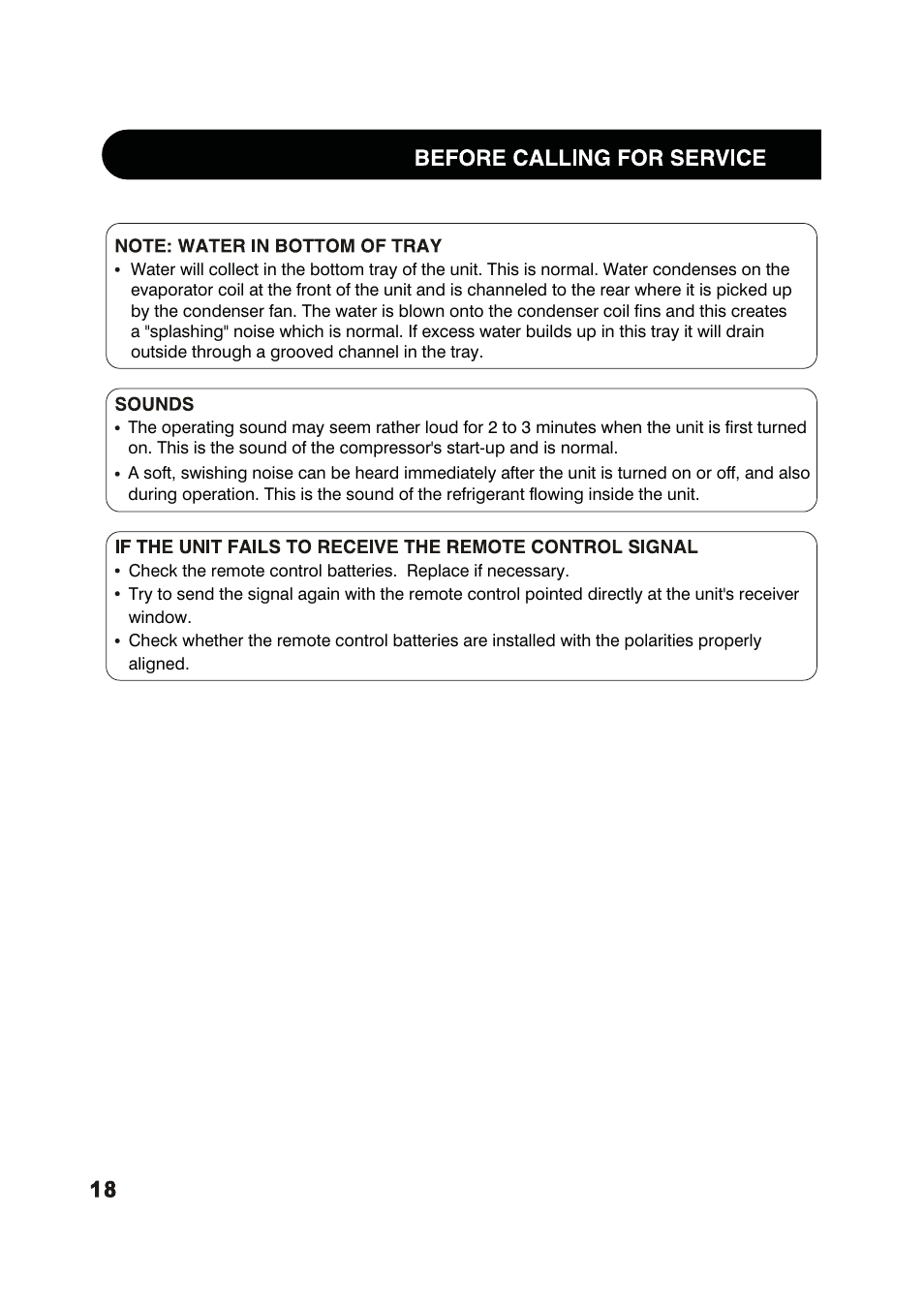 Note: water in bottom of tray, Sounds, Before calling for service | Sharp 2020215A0343 User Manual | Page 18 / 20