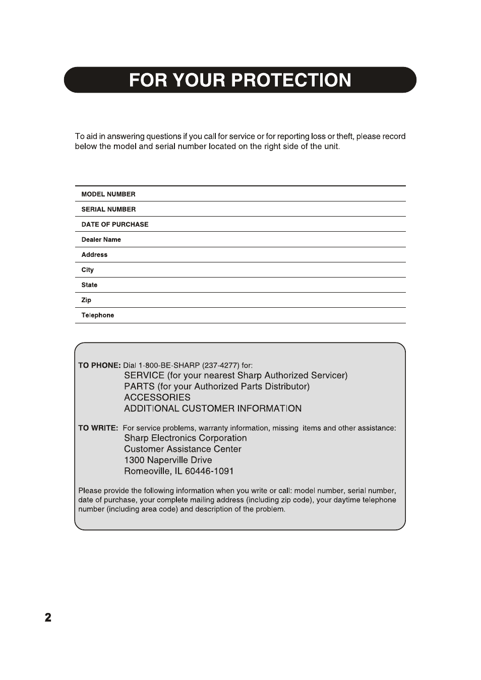 For your protection | Sharp 2020215A0343 User Manual | Page 2 / 20