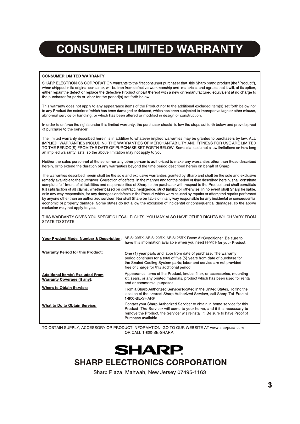 Consumer limited warranty, Sharp plaza, mahwah, new jersey 07495-1163, Sharp electronics corporation | Sharp 2020215A0343 User Manual | Page 3 / 20