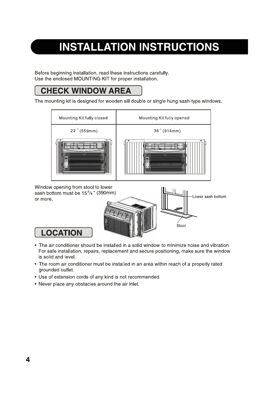 Installation instructions, Check window area, Location | Sharp 2020215A0343 User Manual | Page 4 / 20